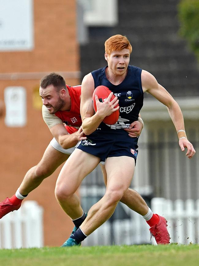 Norths' Max Thring tackles Souths' Joseph Haines. Picture: Tom Huntley