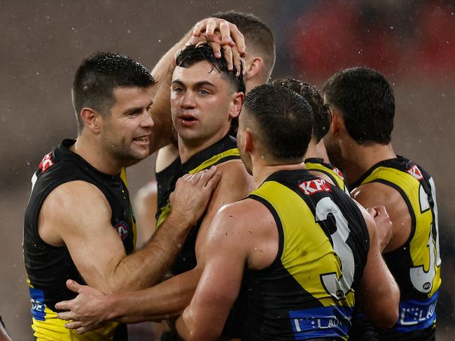 MELBOURNE, AUSTRALIA - JUNE 17: Tim Taranto of the Tigers celebrates a goal with teammates during the 2023 AFL Round 14 match between the Richmond Tigers and the St Kilda Saints at the Melbourne Cricket Ground on June 17, 2023 in Melbourne, Australia. (Photo by Michael Willson/AFL Photos via Getty Images)