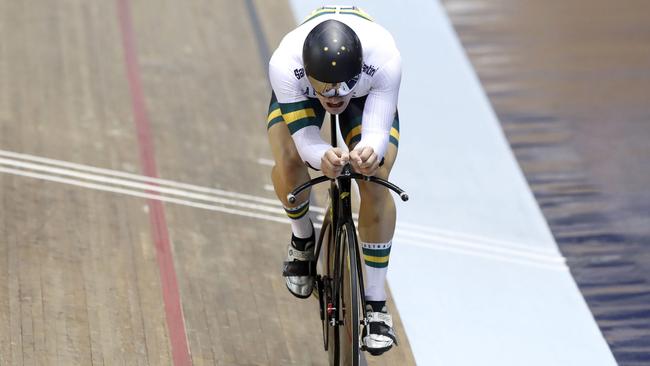 Australia's Matthew Glaetzer during the men’s 1km time trial at the Manchester World Cup. Picture: Martin Rickett (AP).