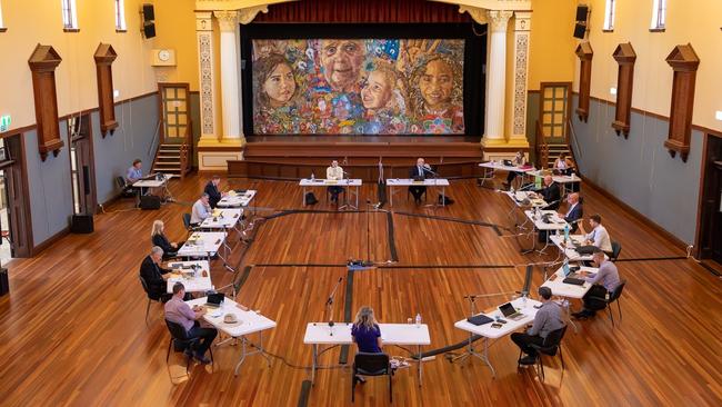 Councillors social distancing at a Fraser Coast Regional Council meeting earlier this year.