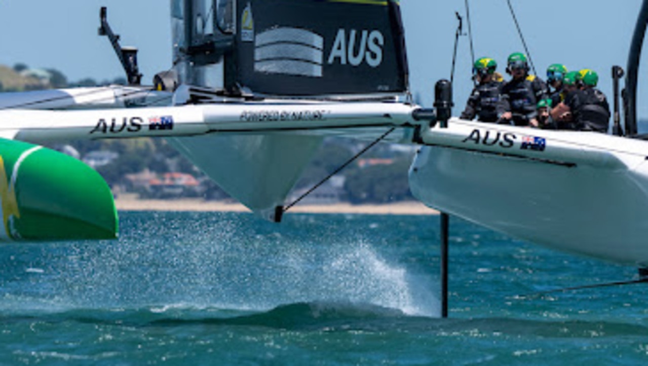 The Australia SailGP Team, helmed by Tom Slingsby, training in New Zealand. Photo: Bob Martin for SailGP.