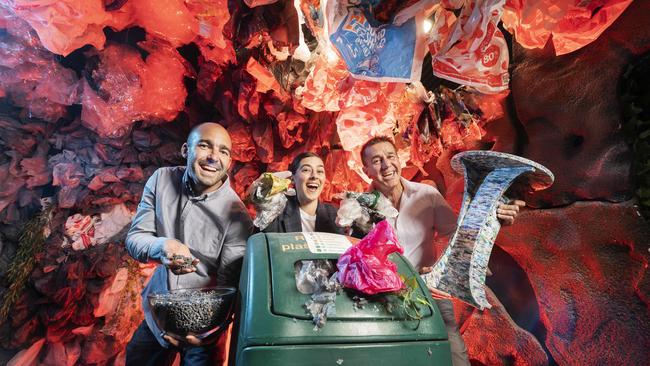 Members of the brains trust behind the Polyrok concrete aggregate: SR Engineering’s Steve Rawson, project manager Kimberley Williams and Replas managing director Mark Jacobsen, surrounded by the soft plastic prime ingredient at the Replas Environmental Centre in Carrum Downs, Victoria. Picture: Rob Leeson.