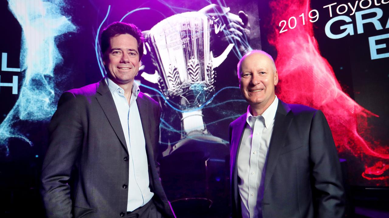 AFL CEO Gillon McLachlan and AFL chairman Richard Goyder might have it easier than expected getting a 2020 season away. Picture: David Geraghty