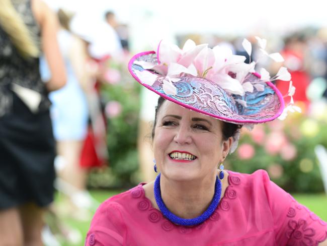 Wendy Scully all dressed up at Flemington Racecourse on Melbourne Cup Day 2014. Picture: Stephen Harman