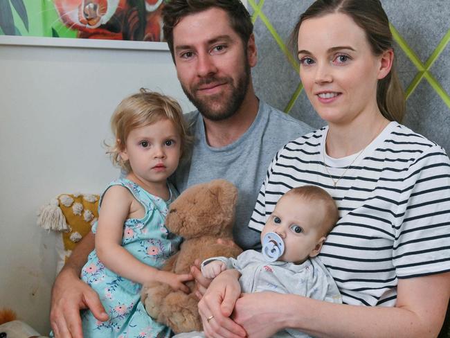 MARCH 16, 2024: Baby Hugh Leech with parents James Leech and Tenille McDonald and big sister Maya at Ronald McDonald House. Hugh has been diagnosed with bilary atresia - a rare condition affecting 1 in 15,000 babies and can be life-threatening. Picture: Brenton Edwards