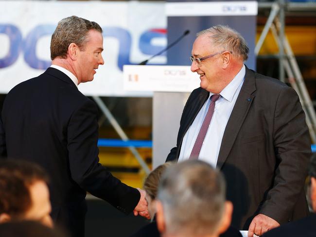 Herve Gillou (R), the president and general director of DCNS and Defence Industry Minister Christopher Pyne. Picture: AFP/Charly Triballeau