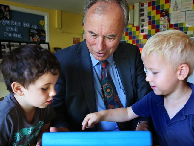 Bennelong MP John Alexander watches as Harrison McColl (left) and Nakita Ponomarev learn Mandarin. Picture: Angelo Velardo