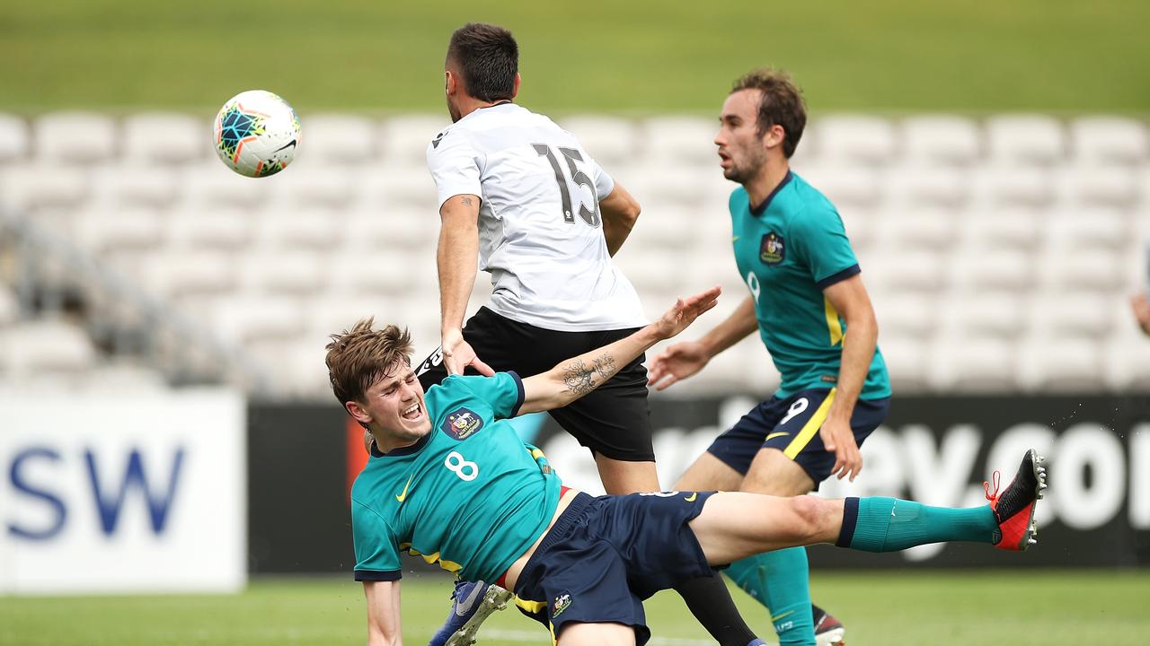 Olyroos goalscorer Connor Metcalfe falls during his side’s 2-1 win over Macarthur FC. Picture: Mark Kolbe/Getty Images