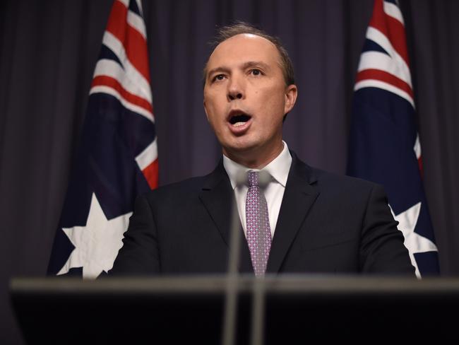 Australian Immigration Minister Peter Dutton speaks to the media today. Picture: AAP