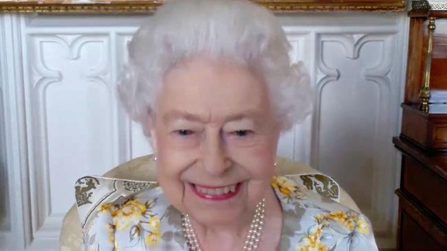 The Queen, at Windsor Castle, during the video call with staff at the The Royal London Hospital in east London last Wednesday to mark the official opening of the hospital's Queen Elizabeth Unit. The video has just been released. Picture: AFP