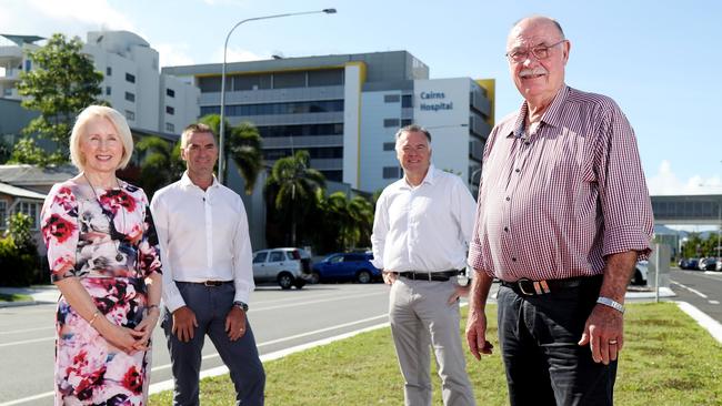 JCU vice chancellor Sandra Harding, Advance Cairns executive chairman Nick Trompf, JCU Cairns director David Craig and Leichhardt MP Warren Entsch announce the land for a university hospital has been bought. Picture: Stewart McLean