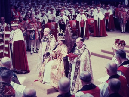 2nd June 1953: Queen Elizabeth II at her coronation ceremony in Westminster Abbey, London. Picture: Hulton Archive/Getty Images