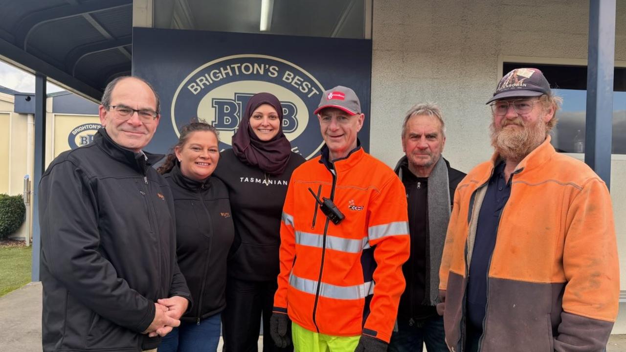 From left, Brighton Mayor Leigh Gray, Cr Tennille Murtagh, MCOT Chair Aimen Jafri, Peter Gutwein, Cr Phil Owen and supporter John McMaster outside Brighton's Best Bakehouse on Saturday. Picture: Supplied.