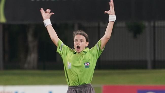 Emma Stark is the youngest NTFL field umpire in the history of the Territory game at just 15 years, eight months and 15 days. Picture: Gerry Wood.