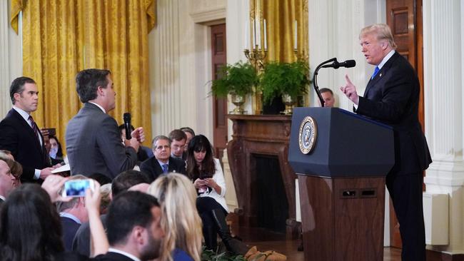 Donald Trump in a heated exchange with CNN chief White House correspondent Jim Acosta in the East Room of the White House in Washington on November 7. Picture: AFP 