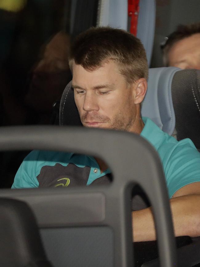 Warner at the front of the team bus after arriving in Johannesburg. Picture: Themba Hadebe