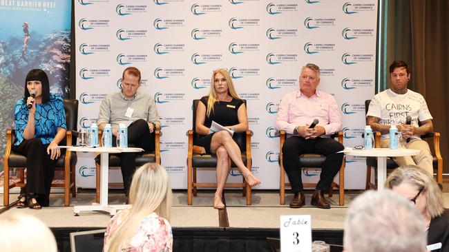 LNP candidate for Cairns Yolonde Entsch, Greens candidate for Cairns Josh Holt, One Nation candidate for Cairns Geena Court, Labor Member for Cairns Michael Healy and independent for Cairns Shane Cuthbert are interviewed at the 2024 Meet the Candidates: State Election Forum Lunch, hosted by the Cairns Chamber of Commerce and Tourism Tropical North Queensland at the Pullman Reef Hotel Casino. Picture: Brendan Radke