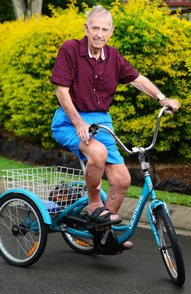 Jack Alsbury, 98, likes to keep active and still rides a bike. He said living during the Great Depression was tough. Picture: Lachie Millard