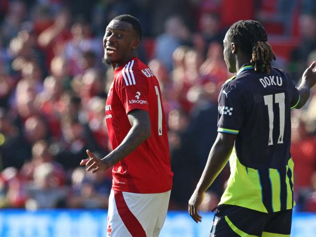 Nottingham Forest'sCallum Hudson-Odoi (L) reacts after scoring the opening goal against Manchester City. Picture: AFP