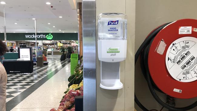 Hand sanitiser stations have been installed at Menai Marketplace. Picture: Eliza Barr