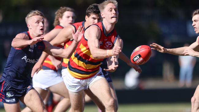 Crow Jackson Hately wins one of his 33 disposals in the loss to Norwood at The Parade. Picture: Cory Sutton/SANFL.