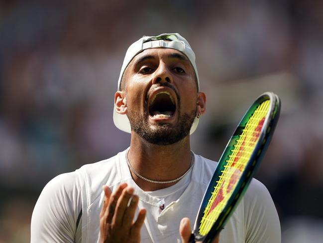 Nick Kyrgios reacts during The Final of the Gentlemen's Singles against Novak Djokovic on day fourteen of the 2022 Wimbledon Championships at the All England Lawn Tennis and Croquet Club, Wimbledon. Picture date: Sunday July 10, 2022. (Photo by Zac Goodwin/PA Images via Getty Images)