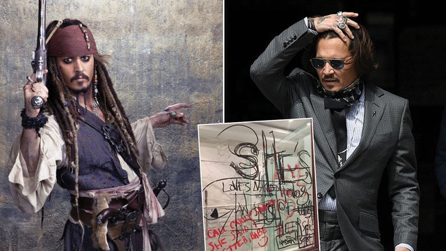 Hollywood hero to Hollywood zero: Johnny Depp as captain Jack Sparrow, left, outside court, right and a picture tendered to court of messages he allegedly scrawled, some in blood, on a mirror. Pictures: Supplied/AFP/Supplied