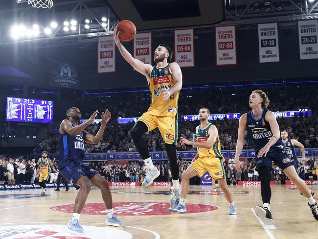 Sean Macdonald of the JackJumpers lays up in the final twenty seconds during game five of the NBL Championship Grand Final Series. Picture: Daniel Pockett (Getty Images).