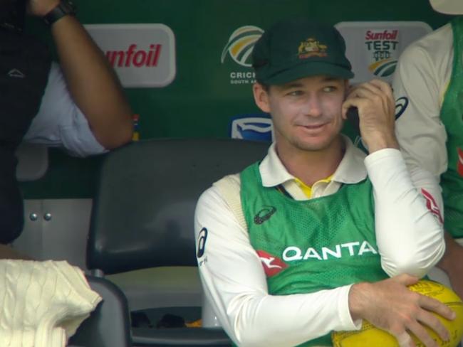 12th man Peter Handscomb has a message delivered to him before entering the field of play to chat with Cameron Bancroft.