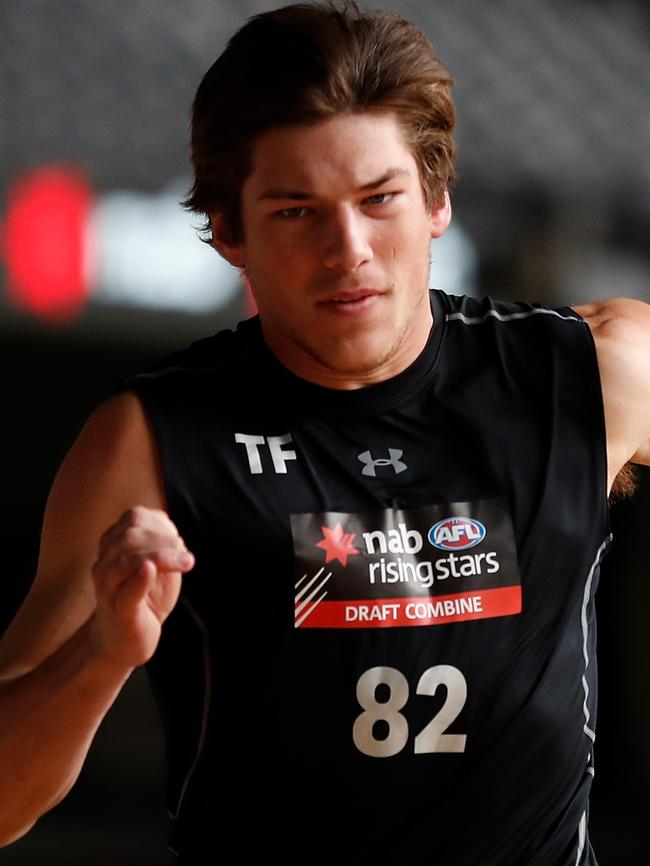 Sturt’s Hugo Munn performs the sprint test during the AFL Draft Combine at Marvel Stadium. Picture: Michael Willson/AFL Media/Getty Images