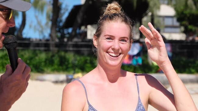 Paige Moorehead in the post race interview after winning the 2021 Island Charity swim event. Picture: Island Charity Swim Facebook