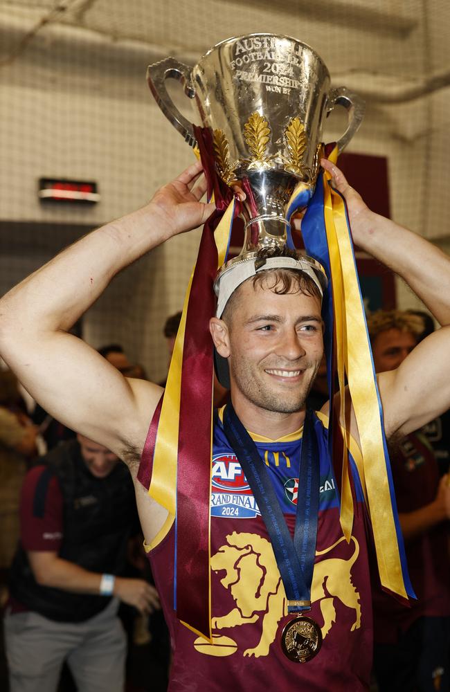 Josh Dunkley of the Lions celebrates after the AFL premiership - he is coaching at St Laurence’s this year. (Photo by Darrian Traynor/AFL Photos/via Getty Images)