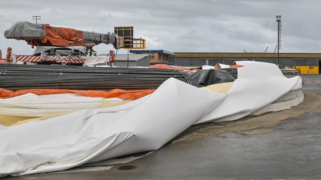 The remains of a giant inflatable storage silo at Hallet Group at Berth 25 in Port Adelaide. Picture: NCA NewsWire / Brenton Edwards