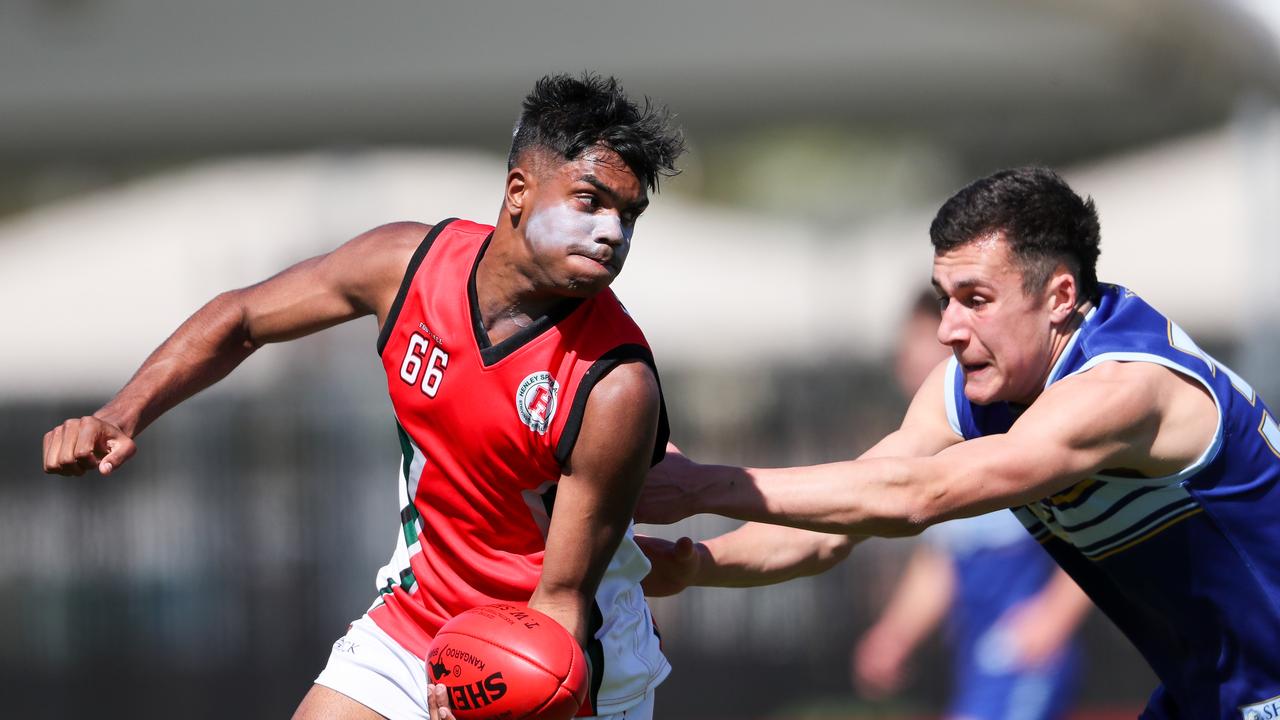 Tariek Newchurch (left) is part of the Crows’ Next Generation Academy. Picture Matt Turner.