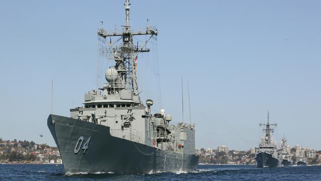 HMAS Darwin, HMAS Melbourne, HMAS Parramatta and HMAS Toowoomba depart from Sydney Harbour during the fleet departure for Indo-Pacific Endeavour 2017 (IPE 17).