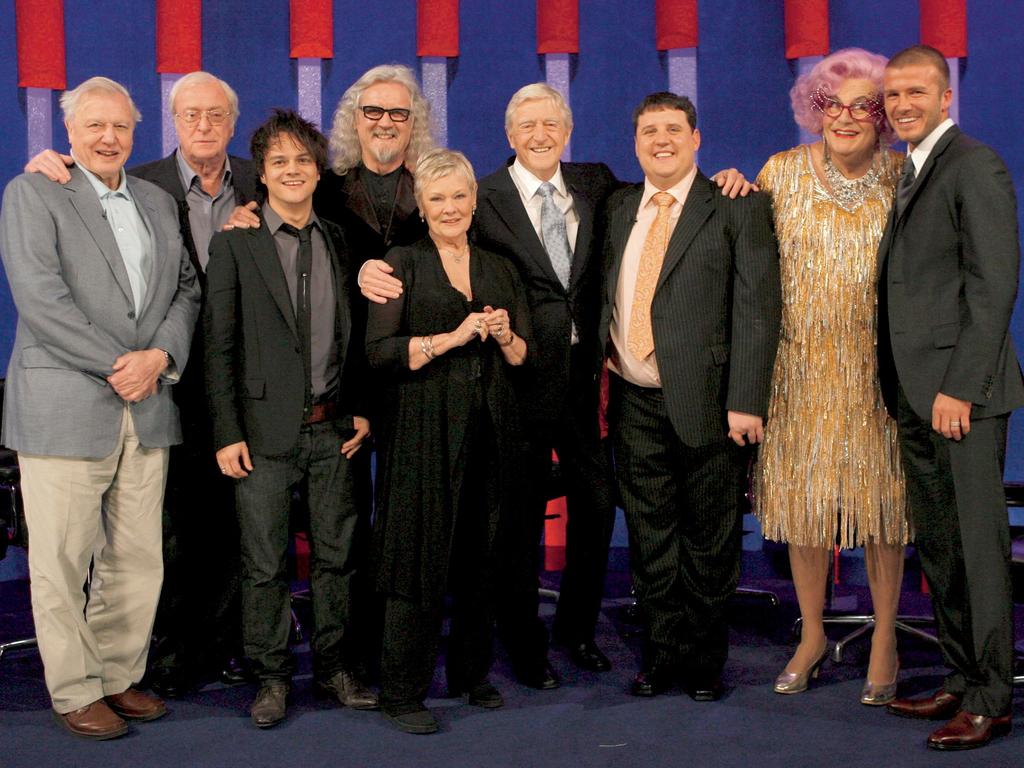 Michael Parkinson with his “final” guests in 2007, including David Attenborough, Billy Connolly, Judi Dench, David Beckham and Dame Edna Everage. Picture: Supplied