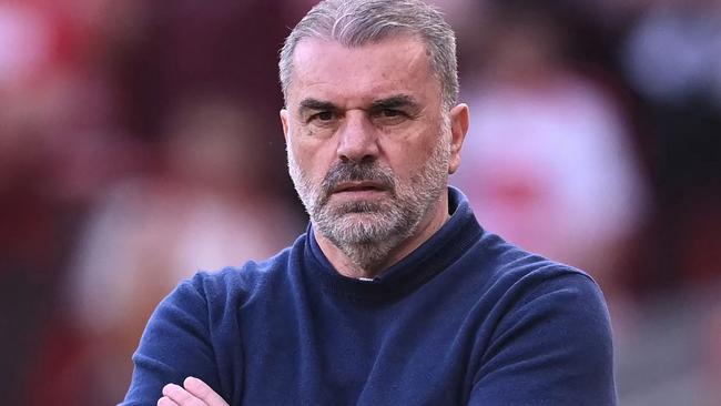 Tottenham Hotspur's Greek-Australian Head Coach Ange Postecoglou looks on during the English Premier League football match between Liverpool and Tottenham Hotspur at Anfield in Liverpool, north west England on April 27, 2025. (Photo by Paul ELLIS / AFP) / RESTRICTED TO EDITORIAL USE. No use with unauthorized audio, video, data, fixture lists, club/league logos or 'live' services. Online in-match use limited to 120 images. An additional 40 images may be used in extra time. No video emulation. Social media in-match use limited to 120 images. An additional 40 images may be used in extra time. No use in betting publications, games or single club/league/player publications. /