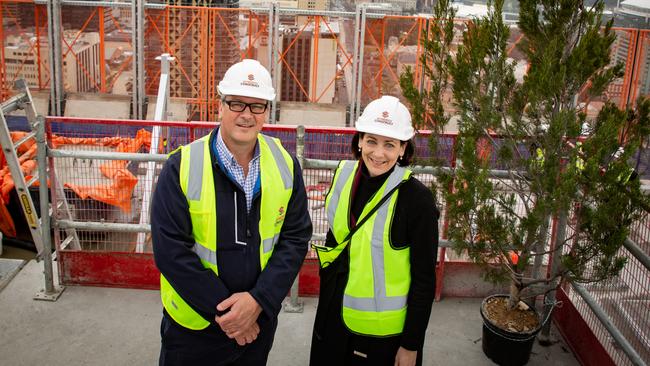 Global Student Accommodation managing director for the Asia Pacific Tim Klitscher and StudyAdelaide chief executive Karyn Kent at the site in August 2021. Picture: supplied by Hughes PR