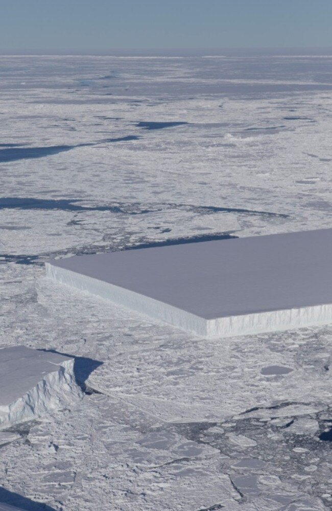 The perfect, rectangular shaped iceberg. Its sharp angles and flat surface indicate that it was probably recently calved from the ice shelf. Source: Nasa/ Twitter