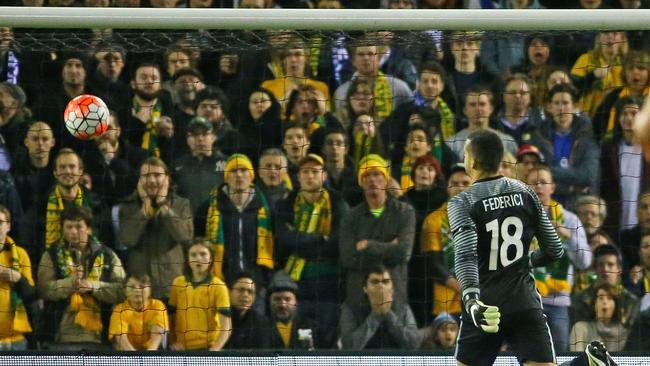 : Goalkeeper Adam Federici of Australia watches as the ball goes over his head and into the goal.