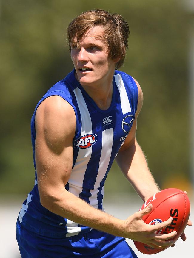 North Melbourne’s Jared Polec looks to kick against St Kilda at Avalon Airport Oval. Picture:  Quinn Rooney/Getty