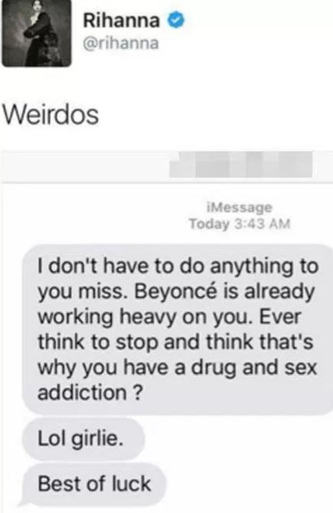 Rihanna posted a message reportedly sent to her by the rapper accusing her of having a “drug and sex” addiction. Picture: Instagram