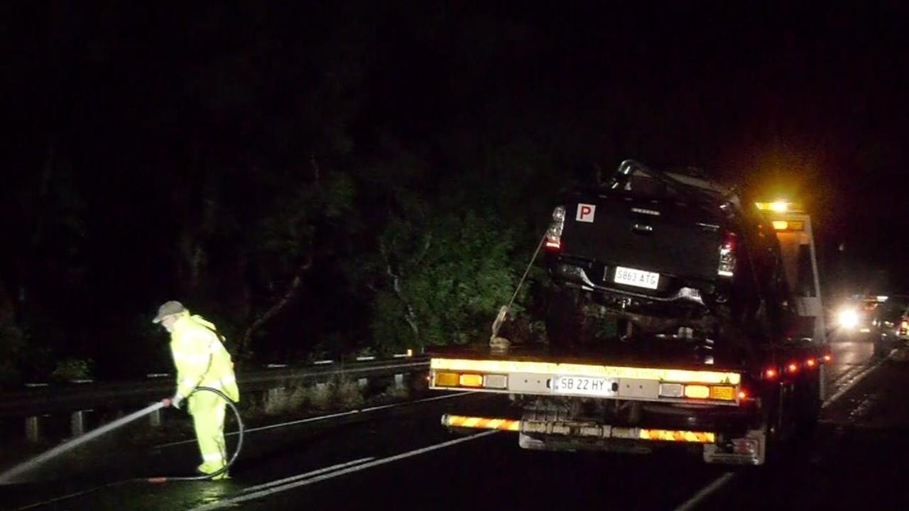 The Toyota HiLux ute is towed from the scene after it rolled, killing a Blackwood boy, 16, on Main South Rd at Second Valley on Sunday evening. Picture: 7NEWS