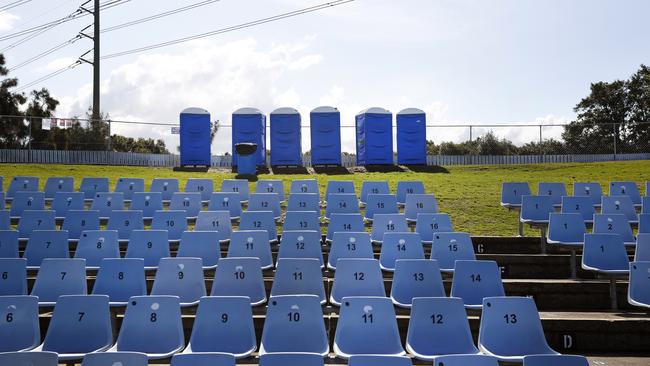 Port-a-loos sit on a hill in the stadium Picture: Richard Dobson