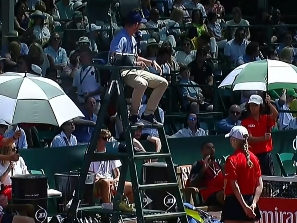 Kyrgios continued at the umpire after the match. Photo: Fox Sports