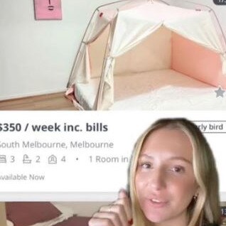 The ad for a rental in Melbourne featured a tent set up in a family home. Picture: @ellascas/TikTok