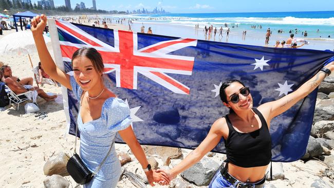 Melbourne friends Jess Occa and Georgia O’Dwyer celebrated Australia Day 2021 at Burleigh Heads Heach. Picture: Scott Powick