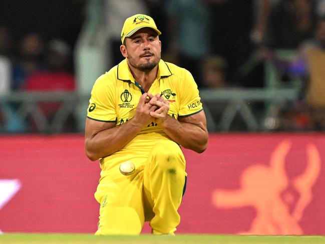 Marcus Stoinis drops a sitter during the 2023 ICC Men's Cricket World Cup one-day international (ODI) match between Australia and South Africa. Picture: AFP