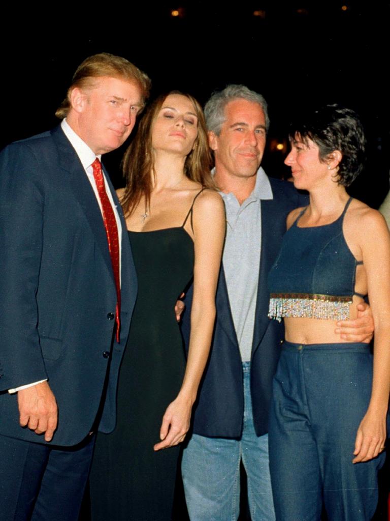 US President Donald Trump and wife Melania, Epstein and British socialite Ghislaine Maxwell pose together at the Mar-a-Lago club, Palm Beach, Florida on February 12, 2000. Picture: Davidoff Studios/Getty Images.