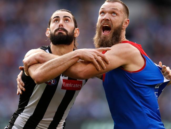 Ruck stars Brodie Grundy and Max Gawn engage in another fierce battle during their round 12 clash at the MCG. Picture: Michael Willson/AFL Photos via Getty Images